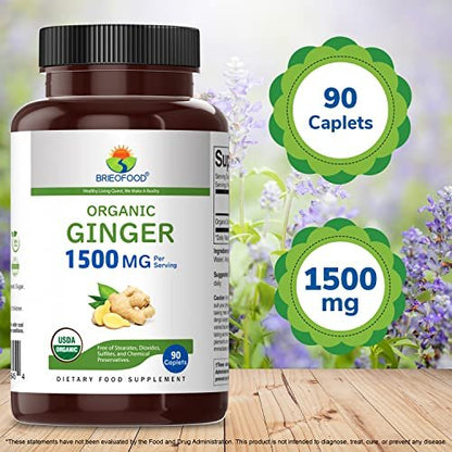 Brieofood Organic Ginger 1500mg, 45 Servings, Vegetarian, Gluten Free, 90 Vegetarian Tablets
