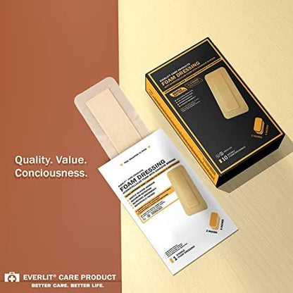 EVERLIT Care Silicone Foam Dressing with Adhesive Border | Highly Absorbent Hypoallergenic Bandages for Chronic Wounds, Bed Sores, Pressure Ulcers | Gentle & Secure Adhesion (2" x 5" | 10 Pack)