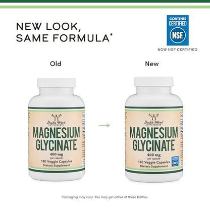 Magnesium Glycinate 400mg | 180 Capsules | Sleep, Muscle, & Heart Support | Vegan, Third Party Tested, Gluten Free, Non-GMO, by Double Wood Supplements