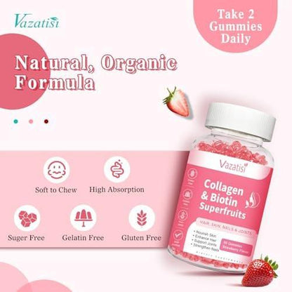 Vazatisi Sugar Free Collagen Gummies for Women Men, Multi Collagen Peptides Gummies Type I II III V X with Biotin Vitamin A B C D E for Hair Skin Nails, Strawberry Flavor, 60 Count