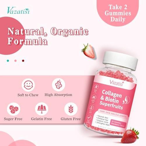 Vazatisi Sugar Free Collagen Gummies for Women Men, Multi Collagen Peptides Gummies Type I II III V X with Biotin Vitamin A B C D E for Hair Skin Nails, Strawberry Flavor, 60 Count - görsel 8