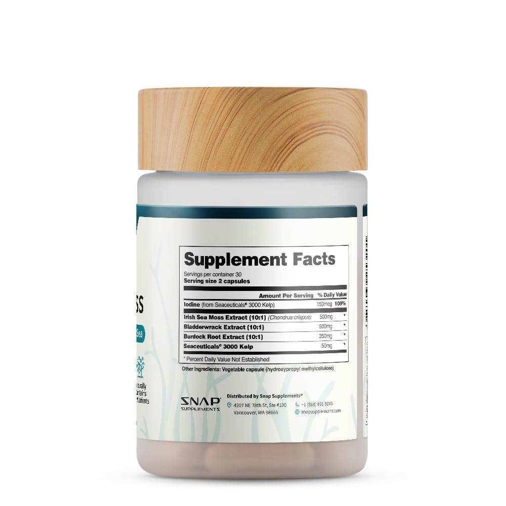 Snap Supplements Irish Sea Moss with Bladderwrack, Burdock Root & Iodine – Natural Sea Moss Supplement to Support Gut Health, Energy & Healthy-Looking Skin, 60 Vegan Capsules (1 Month Supply) - görsel 7