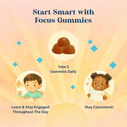 Kids Focus Gummies - Nootropics Brain Support Supplement for Kids with Green Tea Extract, B6 & B12 Vitamins for Memory and Brain Focus - Herbal Concentration Chews for Children - 90 Count