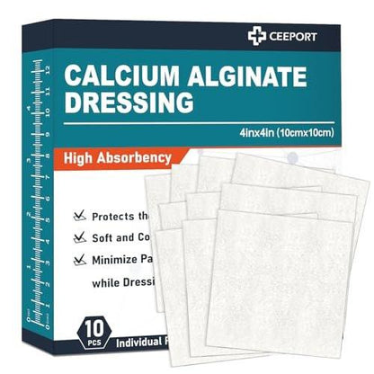 Ceeport Calcium Alginate Wound Dressing Pads, 4" x 4" Patches [10 Individual Pack], High Absorbency Dressing, Soft Wound Care Products, Comfortable & Gentle and Non Stick Gauze Pads for Wound Care
