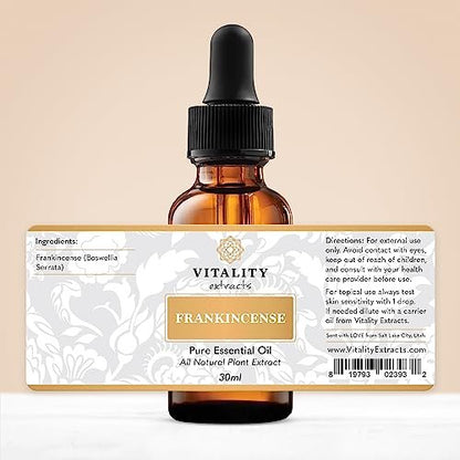 Vitality Extracts Frankincense Essential Oil (30ml) – 100% Pure Boswellia Serrata, Aromatherapy Oil for Relaxation & Calm, Skin Care Use, Warm Woody Scent for Diffuser, Massage & Yoga