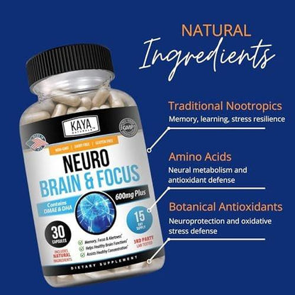 Kaya Naturals - Neuro Brain for Memory & Focus - Nootropic Energy Capsule - Nootropic Brain Support Supplement - Focus & Concentration & Learning Accuracy - Cognitive Function - 30 Count