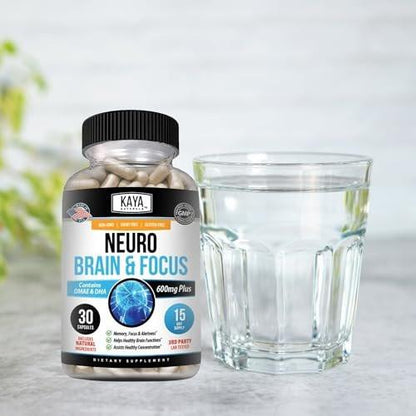 Kaya Naturals - Neuro Brain for Memory & Focus - Nootropic Energy Capsule - Nootropic Brain Support Supplement - Focus & Concentration & Learning Accuracy - Cognitive Function - 30 Count