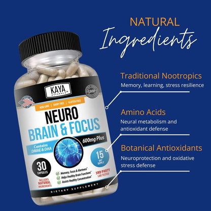 Kaya Naturals - Neuro Brain for Memory & Focus - Nootropic Energy Capsule - Nootropic Brain Support Supplement - Focus & Concentration & Learning Accuracy - Cognitive Function - 30 Count