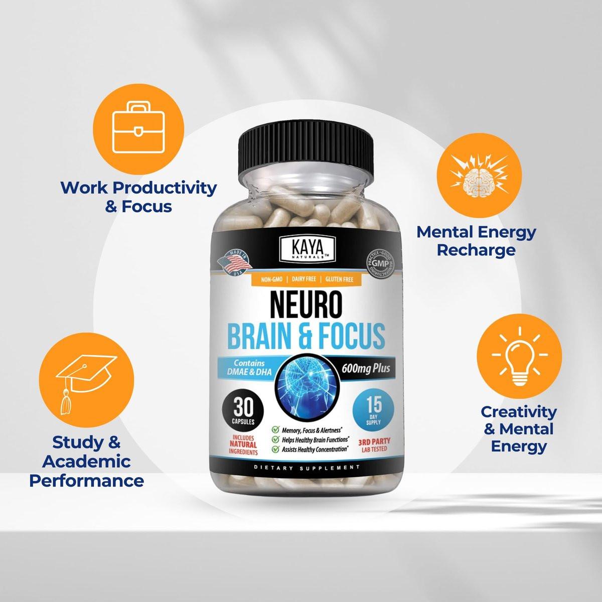 Kaya Naturals - Neuro Brain for Memory & Focus - Nootropic Energy Capsule - Nootropic Brain Support Supplement - Focus & Concentration & Learning Accuracy - Cognitive Function - 30 Count - görsel 7
