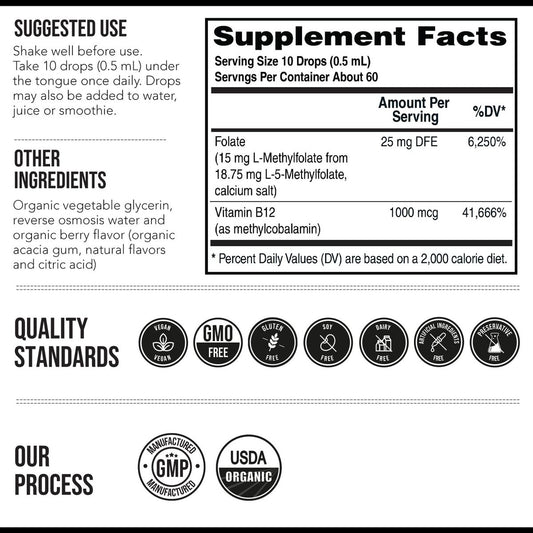 L Methyl Folate 15mg Plus Methyl B12 Cofactor – Organic Berry Flavor, High Potency Liquid Sublingual Active 5-MTHF Form - Supports Mood, Methylation, Cognition – Bioactive Forms Vitamin B9 & B12 (1oz)