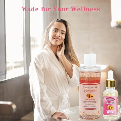 forvirness Natural Feminine Wash Yoni Oil Set, Body Cleanser with Cleaning Factor, Yoni Wash for Women pH Balance, 1 fl.oz Peach Feminine Oil & 6.7 fl.oz Intimate Cleanser