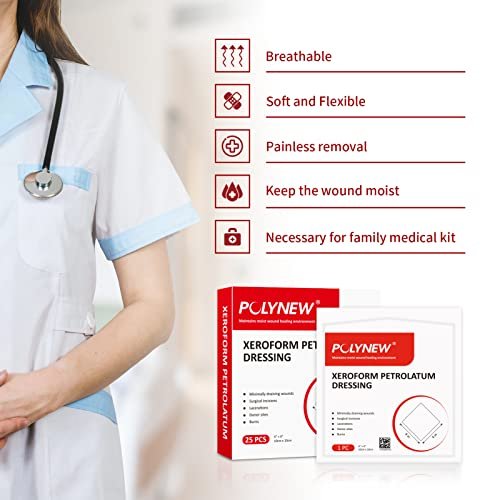 POLYNEW Xeroform Petrolatum Dressing 4"x4", 25 PCS Non-Adherent Gauze for Low Exudating Wounds, Fine Mesh Gauze Pads for Burns, Abrasions, Lacerations, Skin Grafts and Surgical Incisions - görsel 11
