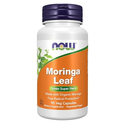 NOW Supplements, Moringa Leaf, Green Super Herb, Made with Organic Moringa, Free Radical Protection*, 90 Veg Capsules