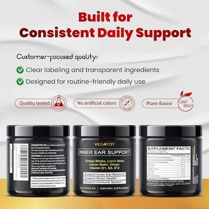 VEGATOT Inner Ear Supplement with Ginkgo Biloba Lion's Mane Lemon Balm Ginger VIT B1, B6, B12- for Dizziness Spinning Inner Ear Balance