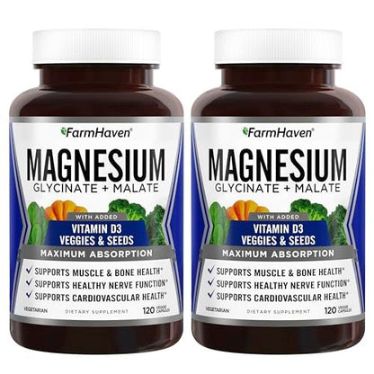 FarmHaven Magnesium Glycinate & Malate Complex w/Vitamin D3, 100% Chelated for Max Absorption- Bone Health, Nerves, Muscles, 240 Capsules, 120 Days