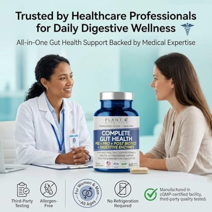 4-in-1 Gut Health Support – Prebiotics + Probiotics + Postbiotics + Digestive Enzymes for Women and Men – DE111 Spore Probiotic for Digestive Support & Bloating – Non-GMO – 60 Veggie Capsules