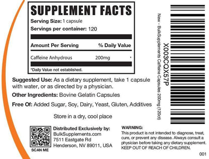 BulkSupplements.com Caffeine 200mg Capsules - Supplement for Energy Boost, Caffeine Pills 200mg - Gluten Free, 1 Capsule per Serving, 120 Count (Pack of 1)