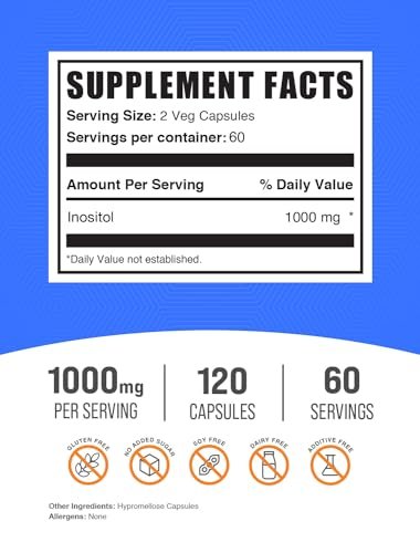 BulkSupplements.com Inositol Capsules - Vitamin B8, Inositol 1000mg for Overall Wellness - Gluten Free, 2 Capsules per Serving, 120 Count (Pack of 1) - görsel 1
