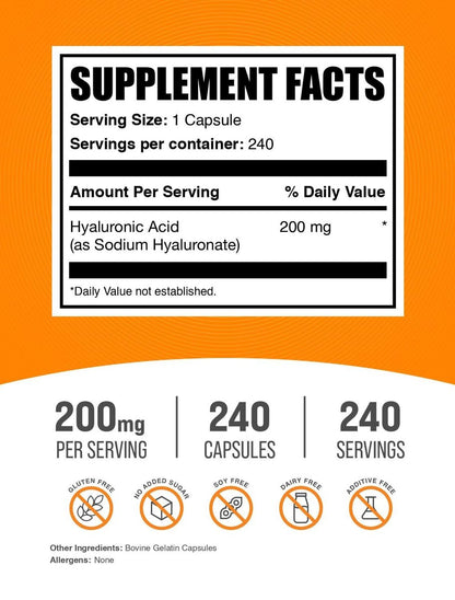 BulkSupplements.com Hyaluronic Acid Capsules - Hyaluronic Acid Supplements, Hyaluronic Acid 200mg - Pure & Gluten Free, 1 Capsule per Serving, 240 Count (Pack of 1)