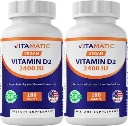 Vitamatic Vitamin D2 60 mcg (2400 IU) - Ergocalciferol - 180 Vegetarian Tablets (2 Bottles)