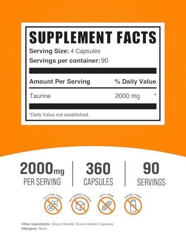 BulkSupplements Taurine Capsules - 2000mg per Serving, 360 Capsules - Amino Acid Supplement for Heart Health, Gluten Free
