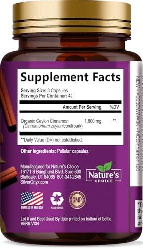 Certified Organic Ceylon Cinnamon Capsules - Extra Strength 100% Pure Cinnamon Powder - Energy & Heart Support - Gluten Free & Sugar Free - 120 Capsules