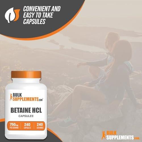 BulkSupplements.com Betaine HCl Capsules - Betaine Hydrochloride Supplement for Digestive Support, Betaine HCl 750mg - Gluten Free, 1 Capsule per Serving, 240 Capsules (Pack of 1) - görsel 1