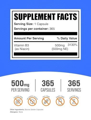 BulkSupplements.com Niacin Capsules - Vitamin B3 Supplement, 500mg per Serving, 365 Capsules, Gluten Free - görsel 4