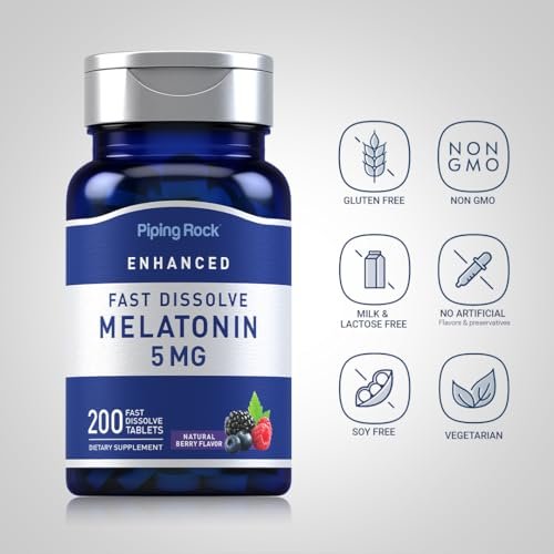 Piping Rock Melatonin 5mg | 200 Fast Dissolve Tablets | Berry Flavor | Adult Supplement | Vegetarian, Non-GMO, Gluten Free Formula - görsel 6