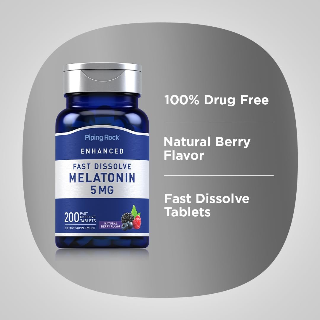 Piping Rock Melatonin 5mg | 200 Fast Dissolve Tablets | Berry Flavor | Adult Supplement | Vegetarian, Non-GMO, Gluten Free Formula - görsel 7