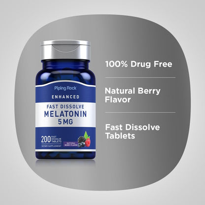 Piping Rock Melatonin 5mg | 200 Fast Dissolve Tablets | Berry Flavor | Adult Supplement | Vegetarian, Non-GMO, Gluten Free Formula