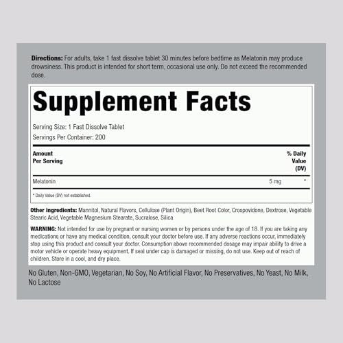 Piping Rock Melatonin 5mg | 200 Fast Dissolve Tablets | Berry Flavor | Adult Supplement | Vegetarian, Non-GMO, Gluten Free Formula - görsel 4
