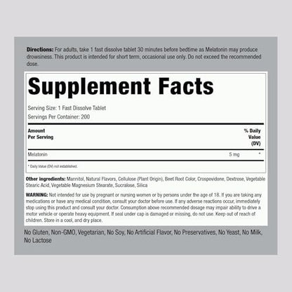 Piping Rock Melatonin 5mg | 200 Fast Dissolve Tablets | Berry Flavor | Adult Supplement | Vegetarian, Non-GMO, Gluten Free Formula