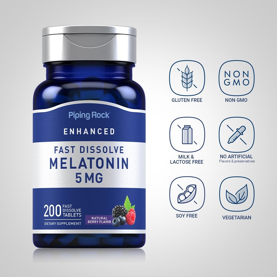 Piping Rock Melatonin 5mg | 200 Fast Dissolve Tablets | Berry Flavor | Adult Supplement | Vegetarian, Non-GMO, Gluten Free Formula - görsel 5