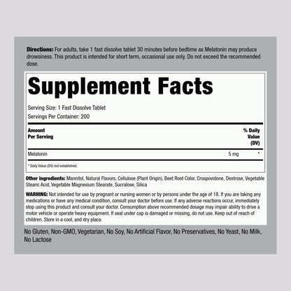 Piping Rock Melatonin 5mg | 200 Fast Dissolve Tablets | Berry Flavor | Adult Supplement | Vegetarian, Non-GMO, Gluten Free Formula