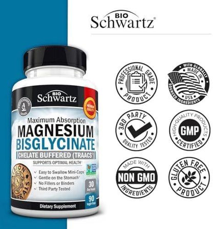 Magnesium Bisglycinate 100% Chelate No-Laxative Effect - Maximum Absorption & Bioavailability, Fully Reacted & Buffered - Healthy Energy Muscle Bone & Joint Support - Non-GMO Project Verified - 90 ct