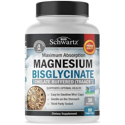 Magnesium Bisglycinate 100% Chelate No-Laxative Effect - Maximum Absorption & Bioavailability, Fully Reacted & Buffered - Healthy Energy Muscle Bone & Joint Support - Non-GMO Project Verified - 90 ct