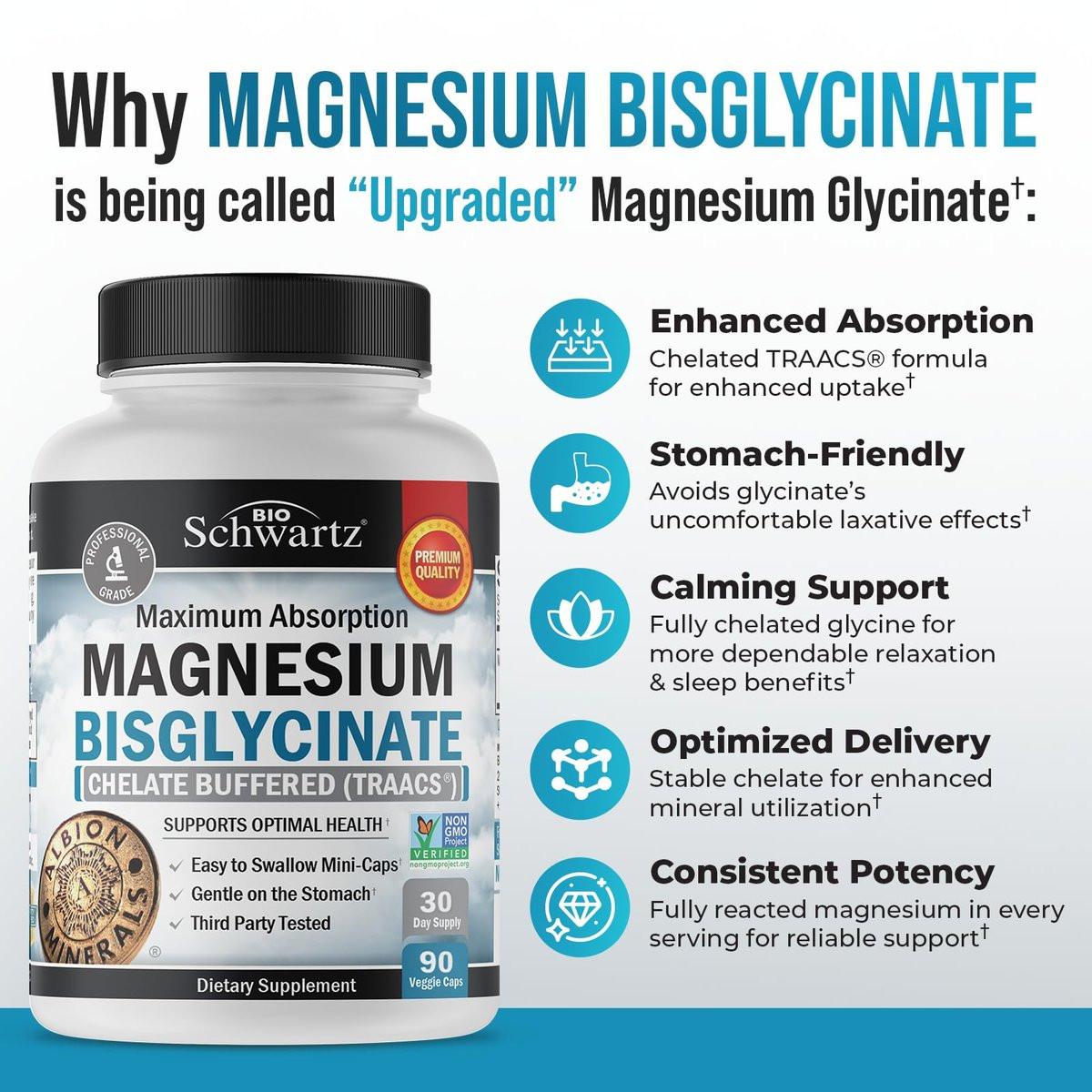 Magnesium Bisglycinate 100% Chelate No-Laxative Effect - Maximum Absorption & Bioavailability, Fully Reacted & Buffered - Healthy Energy Muscle Bone & Joint Support - Non-GMO Project Verified - 90 ct - görsel 3
