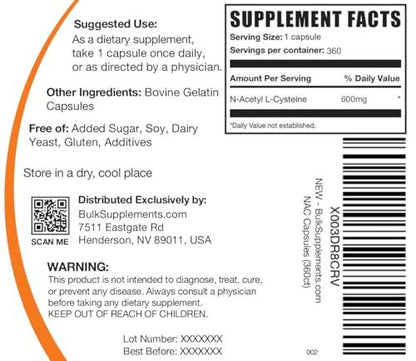 BulkSupplements.com N-Acetyl L-Cysteine Capsules - N-Acetyl Cysteine 600mg, NAC Supplement - 600mg per Capsule, Gluten Free - 1 NAC Capsule per Serving, 360 Capsules (Pack of 1)