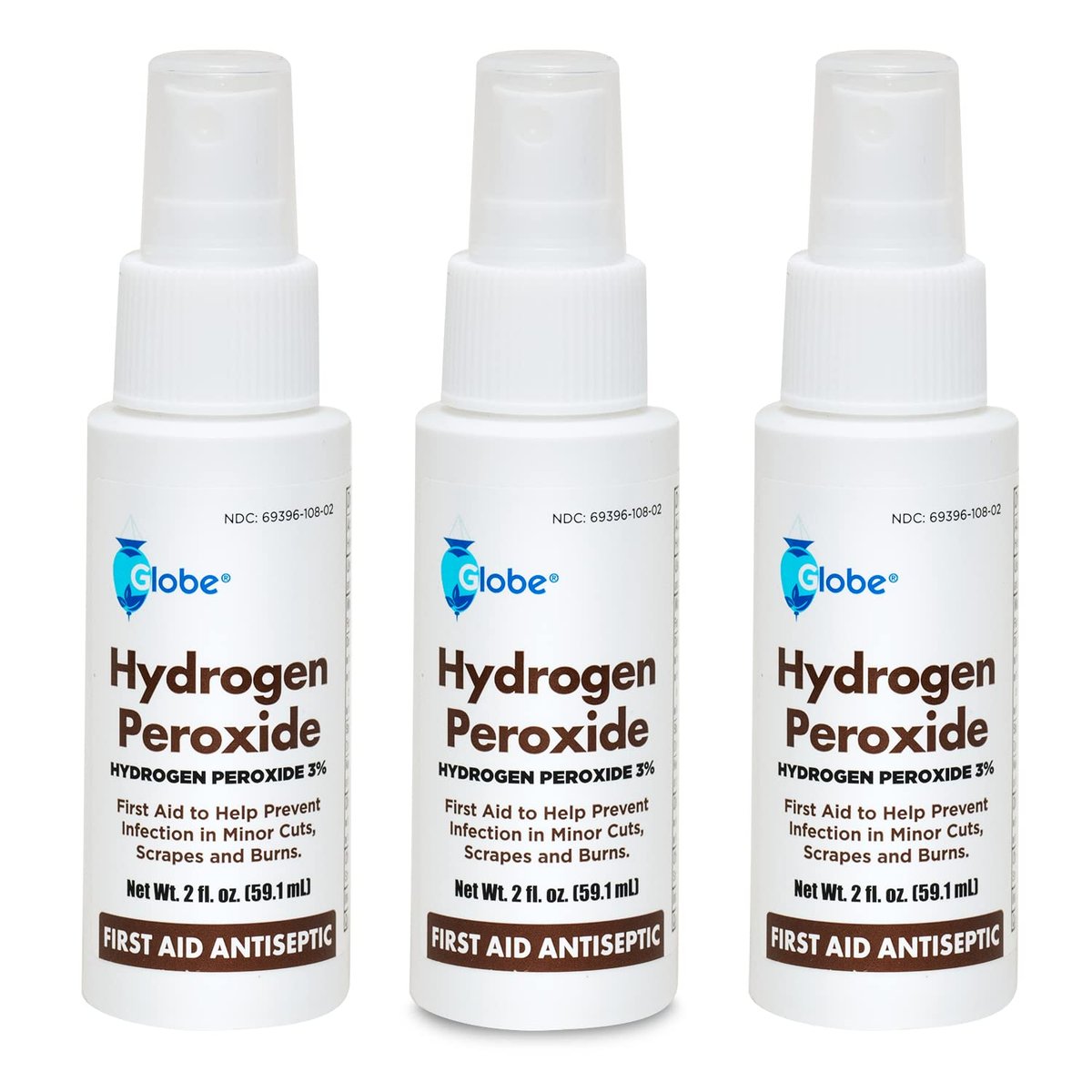 (3 Pack) Globe Hydrogen Peroxide 3% First Aid Antiseptic Topical Solution USP Spray Bottle, 2 Fl. Oz Convenient Pump Spray Bottle - görsel 1