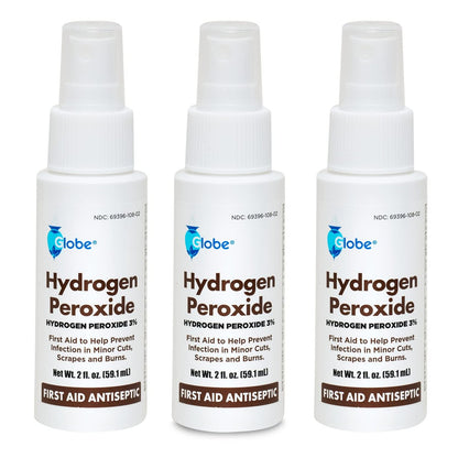 (3 Pack) Globe Hydrogen Peroxide 3% First Aid Antiseptic Topical Solution USP Spray Bottle, 2 Fl. Oz Convenient Pump Spray Bottle