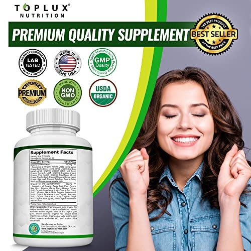 Organic Super Greens Capsules Superfood Fruit Veggie Supplement - 28 Powerful Natural Ingredients with Alfalfa, Beet Root, Tart Cherry & Ginger for Immune & Energy Support, for Men Women, 60 Tablets - görsel 1