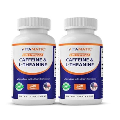 Vitamatic Caffeine Pills with L-Theanine – 300 mg Per Tablet – 120 Vegetarian Tablets (Pack of 2, Total 240 Tablets)