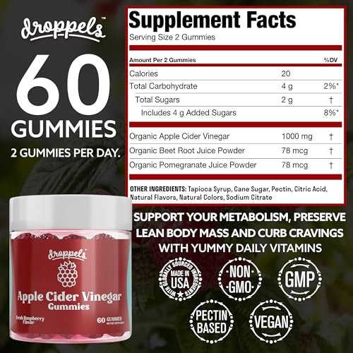 Droppels Apple Cider Vinegar Gummies 1000mg with Beet Root & Pomegranate | Non-GMO, Vegan-Friendly, Gluten Free | Supports Digestion, Metabolism, Energy & Immune Health | Raspberry Flavor - görsel 1