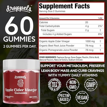 Droppels Apple Cider Vinegar Gummies 1000mg with Beet Root & Pomegranate | Non-GMO, Vegan-Friendly, Gluten Free | Supports Digestion, Metabolism, Energy & Immune Health | Raspberry Flavor