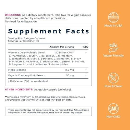 NewRhythm Women's Probiotics, Organic Cranberry, 50 Billion CFU 18 Strains, Probiotics with Prebiotics, Support Digestive Health, No Refrigeration Needed, Non-GMO, No Soy, 60 Vegan Capsules, No Dairy