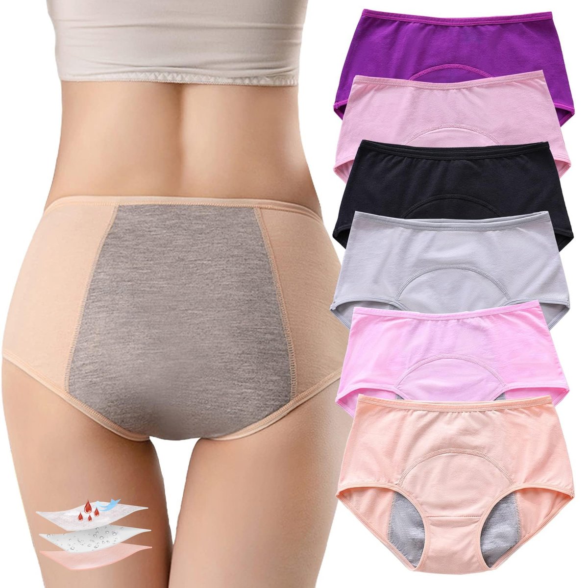 ZJHTK 6Pcs Cotton Incontinence Underwear for Women, Middle Waisted Panties for Women over 60, Reusable Protective Briefs,3XL Multicolor - görsel 1