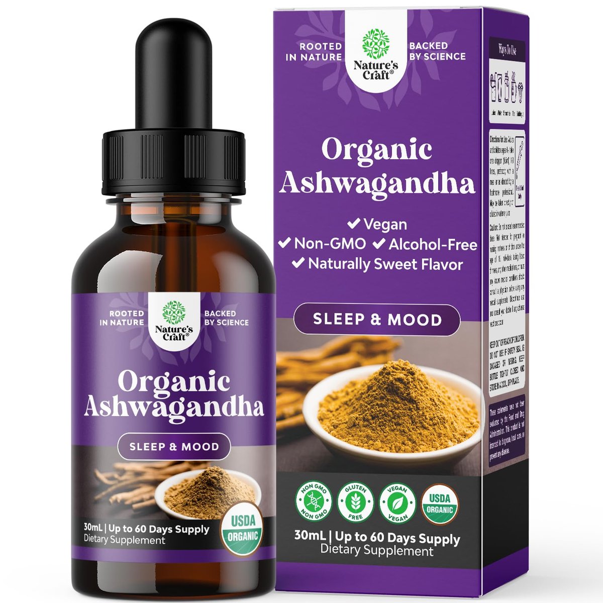 USDA Organic Ashwagandha Liquid Drops - Ashwagandha Root Extract for Stress and Mood Support - Delicious Pure Adaptogen Drops for Adults - Alcohol-Free Herbal Tinctures for Rest - 1 Fl Oz - görsel 2