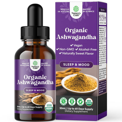 USDA Organic Ashwagandha Liquid Drops - Ashwagandha Root Extract for Stress and Mood Support - Delicious Pure Adaptogen Drops for Adults - Alcohol-Free Herbal Tinctures for Rest - 1 Fl Oz