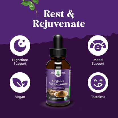 USDA Organic Ashwagandha Liquid Drops - Ashwagandha Root Extract for Stress and Mood Support - Delicious Pure Adaptogen Drops for Adults - Alcohol-Free Herbal Tinctures for Rest - 1 Fl Oz